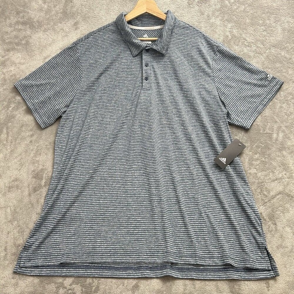 Adidas Shirt Men Size 2XL Golf Feeder Striped Polo Short Sleeve Blue Performance
